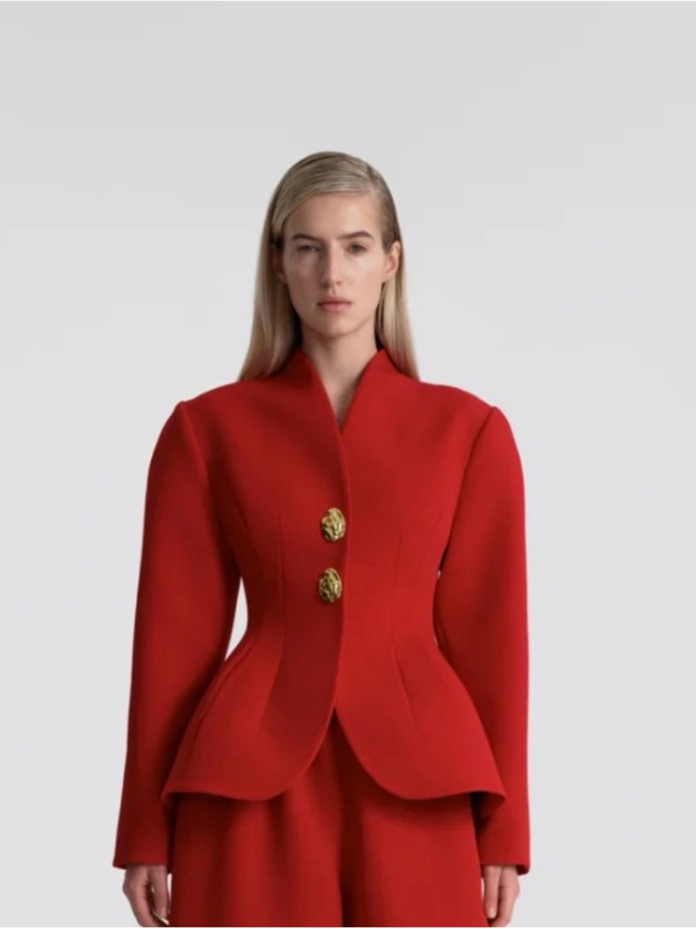 Red Tailored Peplum Jacket with Gold Buttons